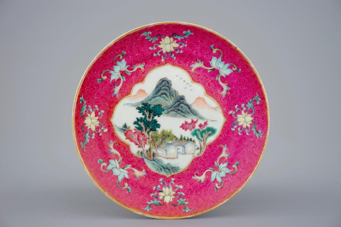 A Chinese ruby back landscape on sgraffito ruby ground, (1 of 2)