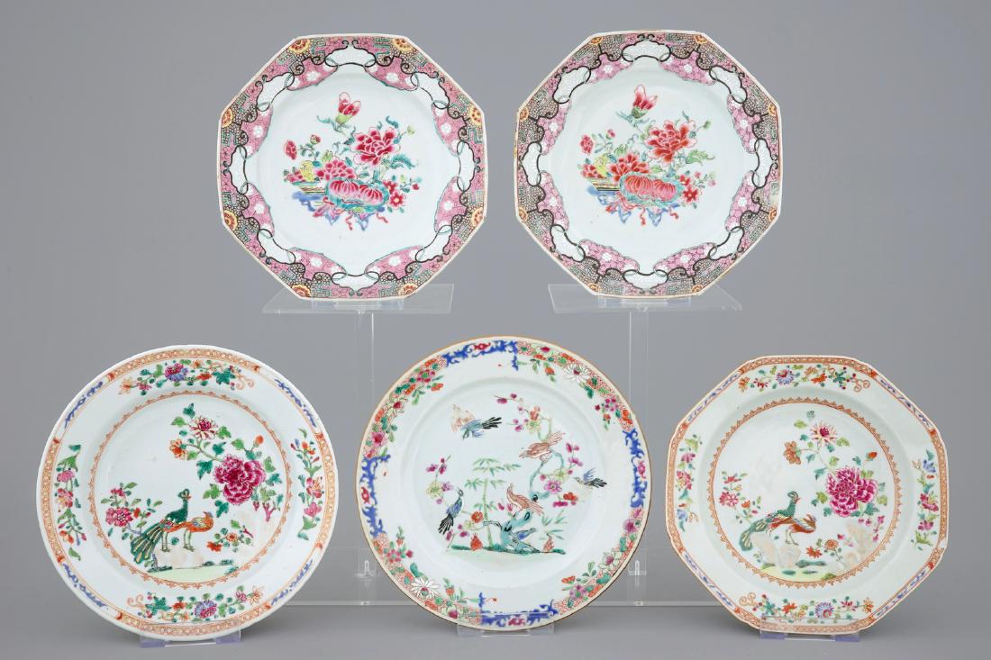 A collection of five Chinese famille rose plates, 18th (1 of 5)