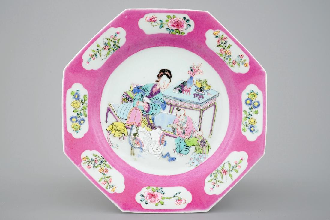 A Chinese octagonal famille rose dish with pink border, (1 of 2)