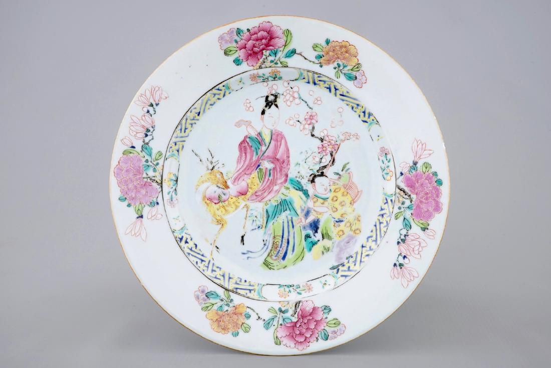 A Chinese famille rose plate with a lady on a deer,: A Chinese famille rose plate with a lady on a deer, Yongzheng, 1723-1735 Dia.: 22,5 cm