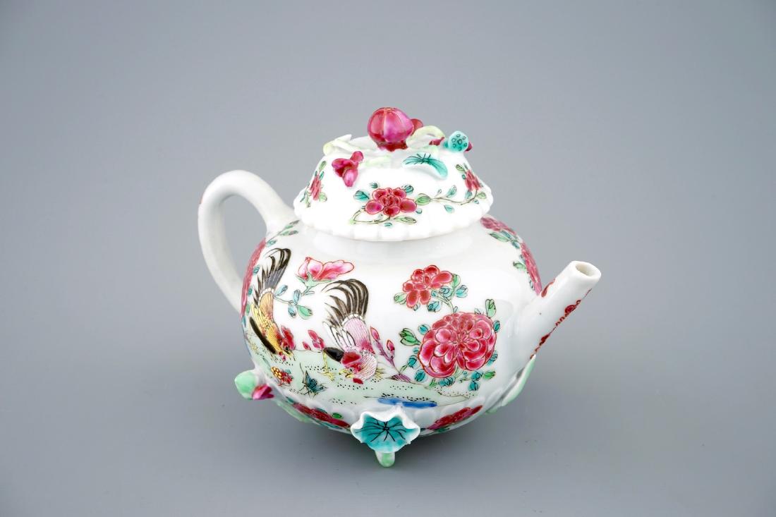 A Chinese famille rose "rooster" teapot with applied (1 of 8)