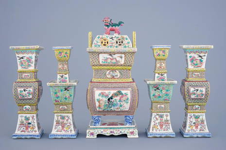 A 5-piece Chinese famille rose temple garniture with a: A 5-piece Chinese famille rose temple garniture with a censer on stand, 19th C. H.: 40 cm