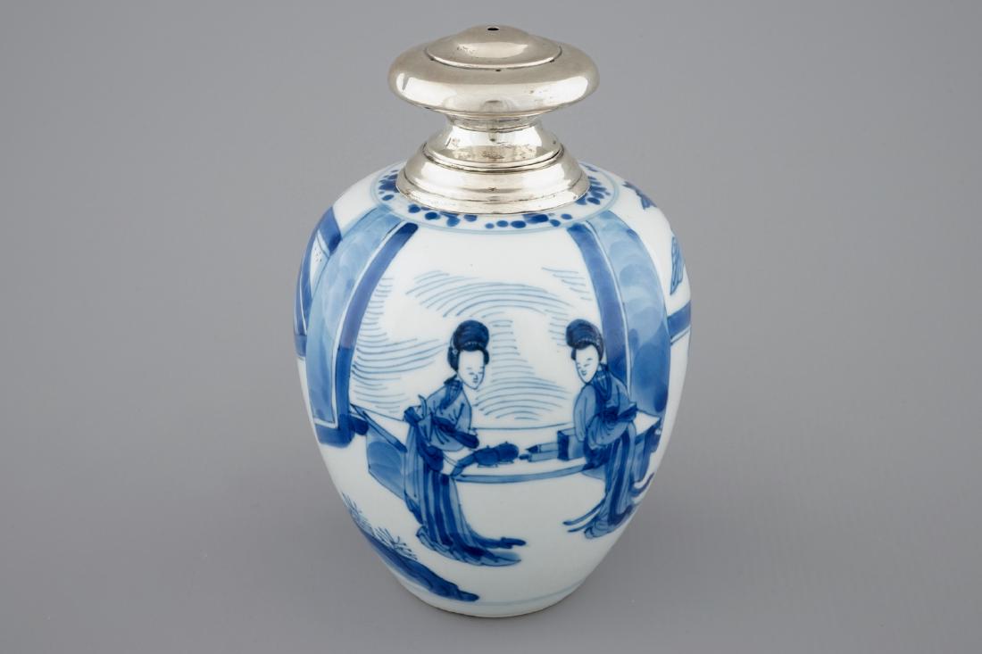 A Chinese silver-mounted blue and white tea caddy, (1 of 7)