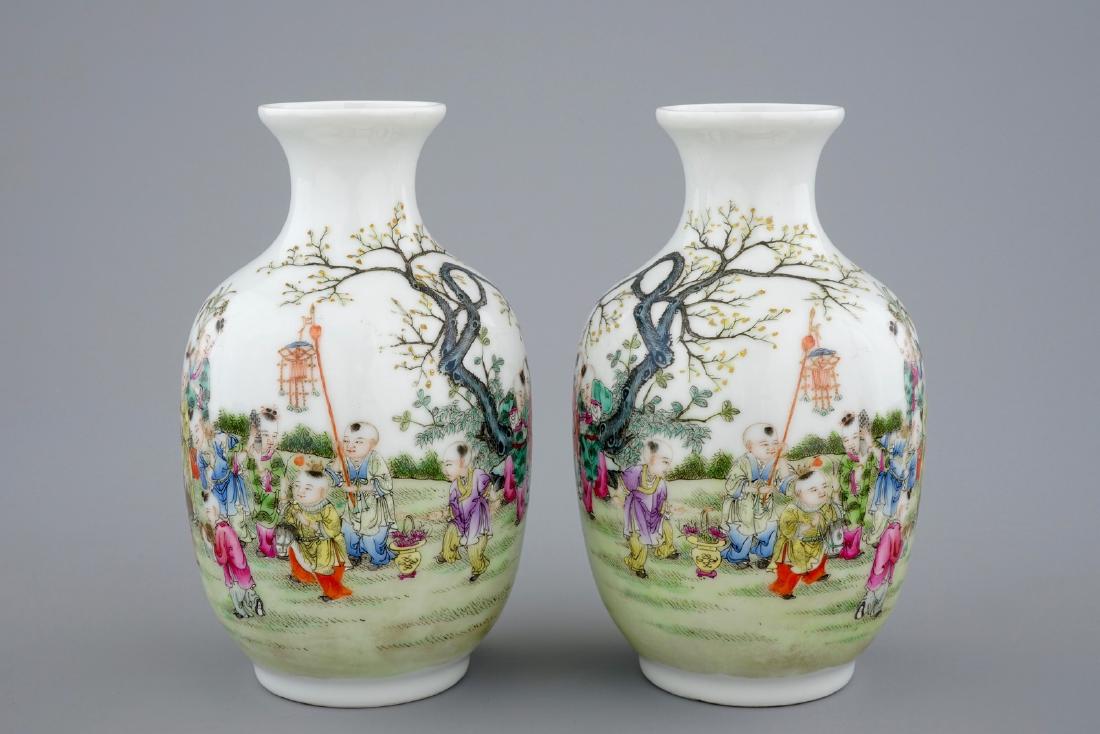 A pair of Chinese famille rose vases with playing boys, (1 of 6)