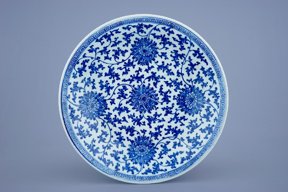 A large blue and white lotus scroll dish, Qianlong mark (1 of 2)
