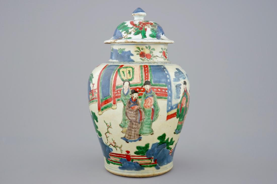 A Chinese wucai vase and cover, Transitional period, (1 of 7)