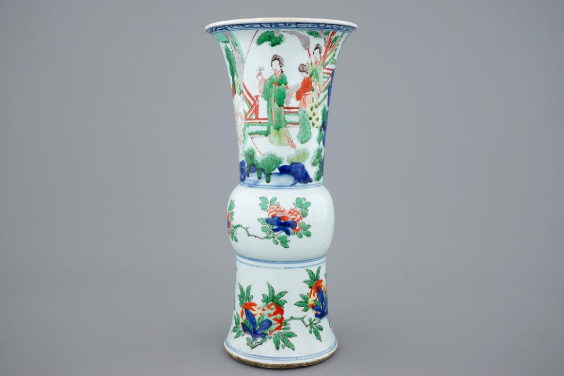 A Chinese wucai gu beaker vase, Shunzhi, ca. 1660 (1 of 6)