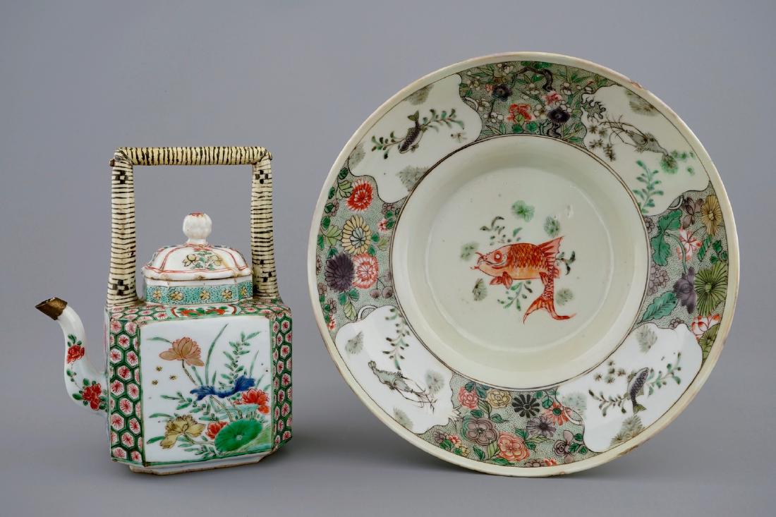 A Chinese famille verte teapot and a plate with fish, (1 of 9)
