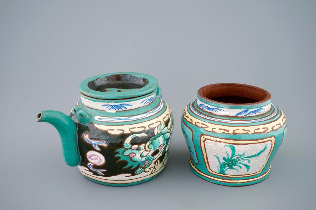 A Chinese enamelled Yixing teapot and cover with a (1 of 7)