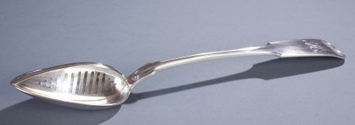 A SILVER STRAINING SPOON Taylor & Lawrie, retaile: A SILVER STRAINING SPOON Taylor & Lawrie, retailed by Bailey & Kitchen, Philadelphia, ca. 1840 Of unusual weight, fiddle thread pattern with a pierced straining grill down the length of the bowl. Mark