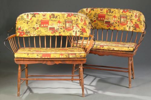 A PAIR OF AMERICAN BUGGY BENCHES 19th C. With ir: A PAIR OF AMERICAN BUGGY BENCHES 19th C. With iron backs and wood crests; adapted to small settees on later turned legs with stretcher bases. W: 40-1/2 in.