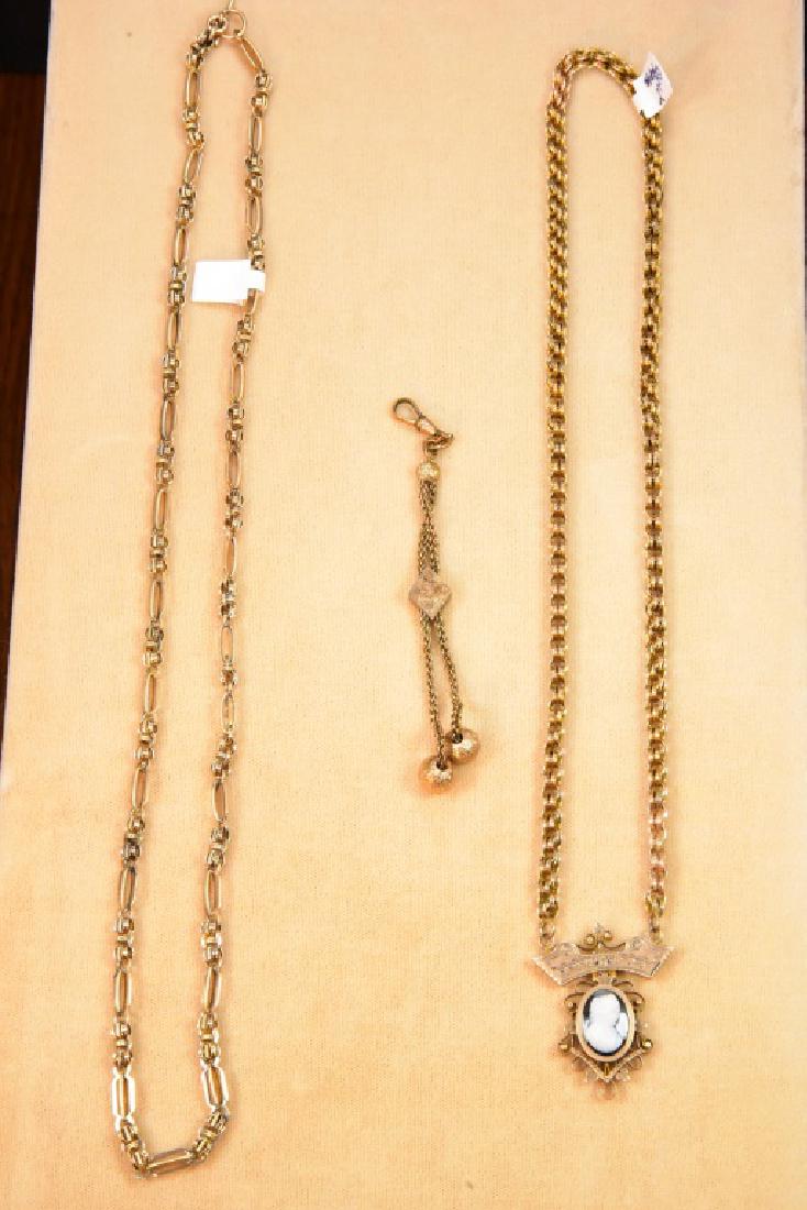 3 Victorian Treasures: Victorian Jewelry - One (1) Watch Fob, One (1) 24" Neck Chain, 1 (one) 18" Cameo Necklace