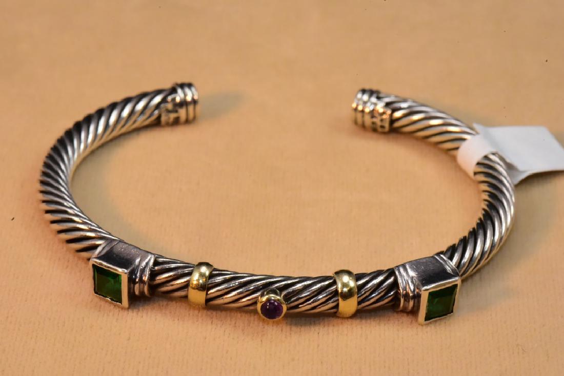 David Yurman 14kt & Sterling Gemstone Bracelet: David Yuman 14kt and Sterling Gemstone Renaissance Cable Cuff. Square emerald and cabochon at center.