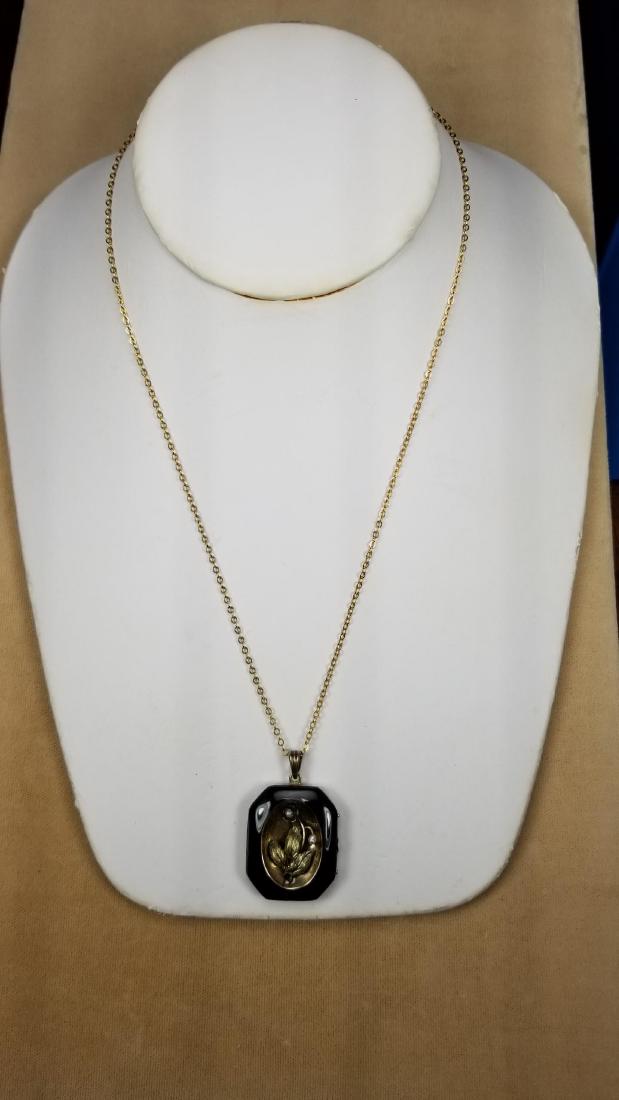 18" Necklace w/ Enamel Locket w/Seed Pearls c.1910: 18" Necklace w/Black Enamel Locket & Seed Pearts c.1910