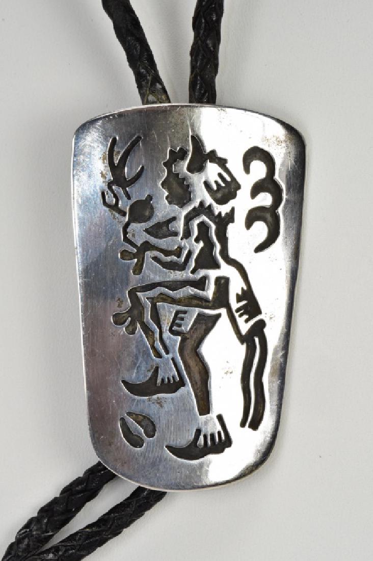 Indian Warrior Bolo Tie w/Sterling Intaglio Signed: Indian Silver Bolo Tie with Indian Sterling Intaglio Warrior Design 40g TW Signed