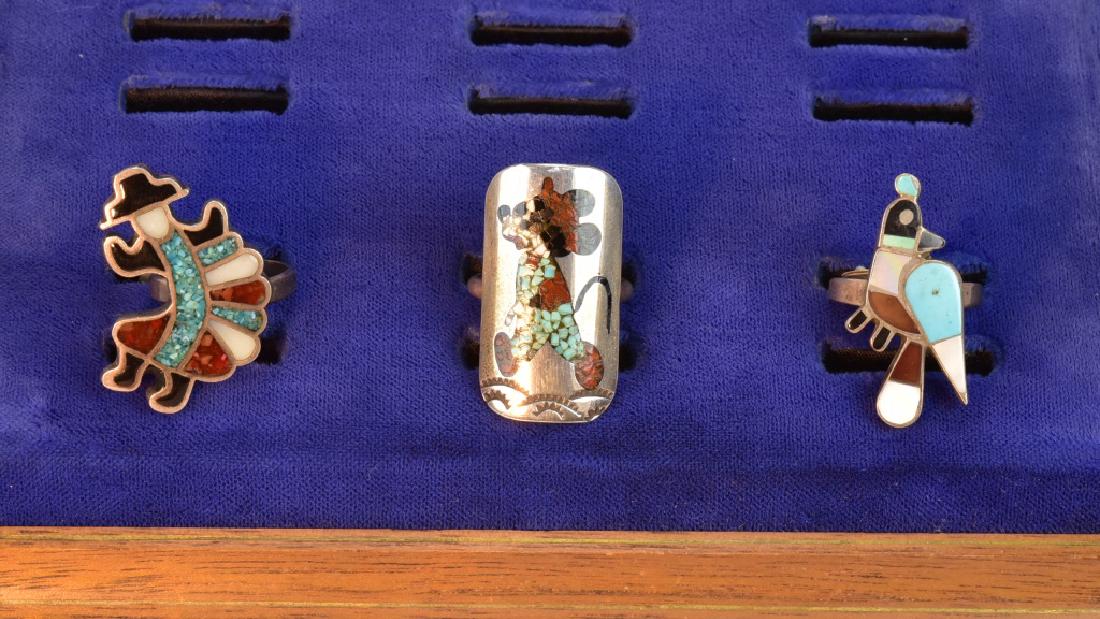 Indian Crafted Silver Rings (3): Indian Silver Crafted Rings: Inlay Turquoise & Coral Mickey Mouse Ring Size 6, Inlayed Bird Ring Size 6, & Inlayed Kachina Doll Ring Size 5