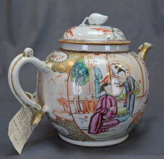 CHINESE EXPORT PORCELAIN CIDER POT: HAND PAINTED, CIRCA 1780, MEDALLION OF CHINESE FAMILY GROUPS, GILD HIGHLIGHTS, DOME TOP WITH FRUIT FINIAL, 9 1/2" HEIGHT, CHIP AT END OF SPOUT (SEE PICTURE)