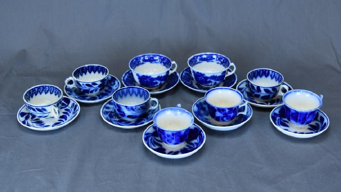 LOT OF 9 FLOW BLUE CUPS & SAUCERS (1 of 8)