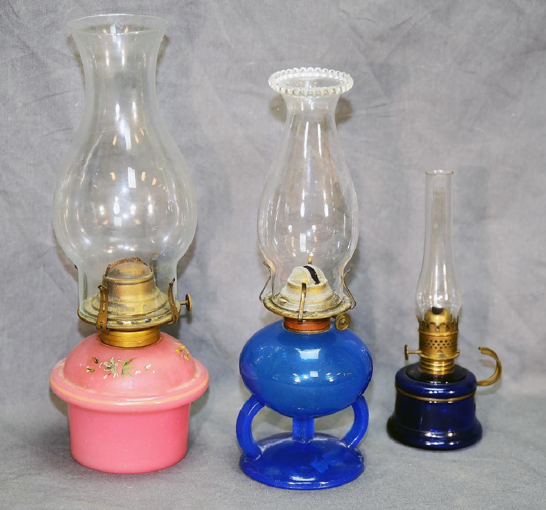 3 Antique Colored Glass Oil Lamps (1 of 3)