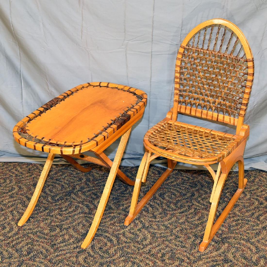 Vermont Tubbs Snowshoe Chair and End Table: The folding chair measures 34 3/4" tall x 15 3/4" wide. The table measures 28 1/4" x 15 3/4" x 19 1/2" tall.