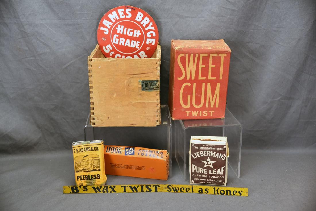 7 Cigar and Tobacco Items: The wooden "Brown Mule" box measures 7" x 7" x 7 1/2".