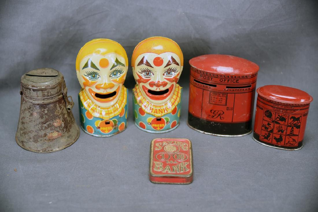 6 Vintage Tin Banks, Chein Clowns, Chad Valley (1 of 8)