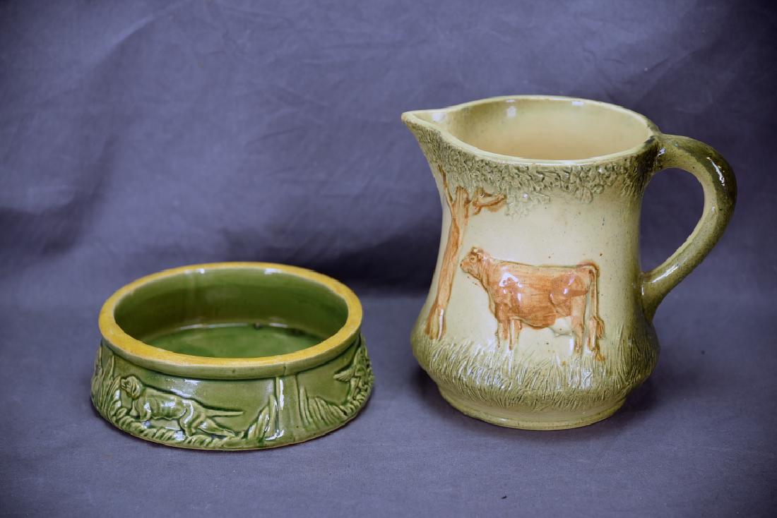Unmarked Roseville Pottery Cow Pitcher, Dog Dish