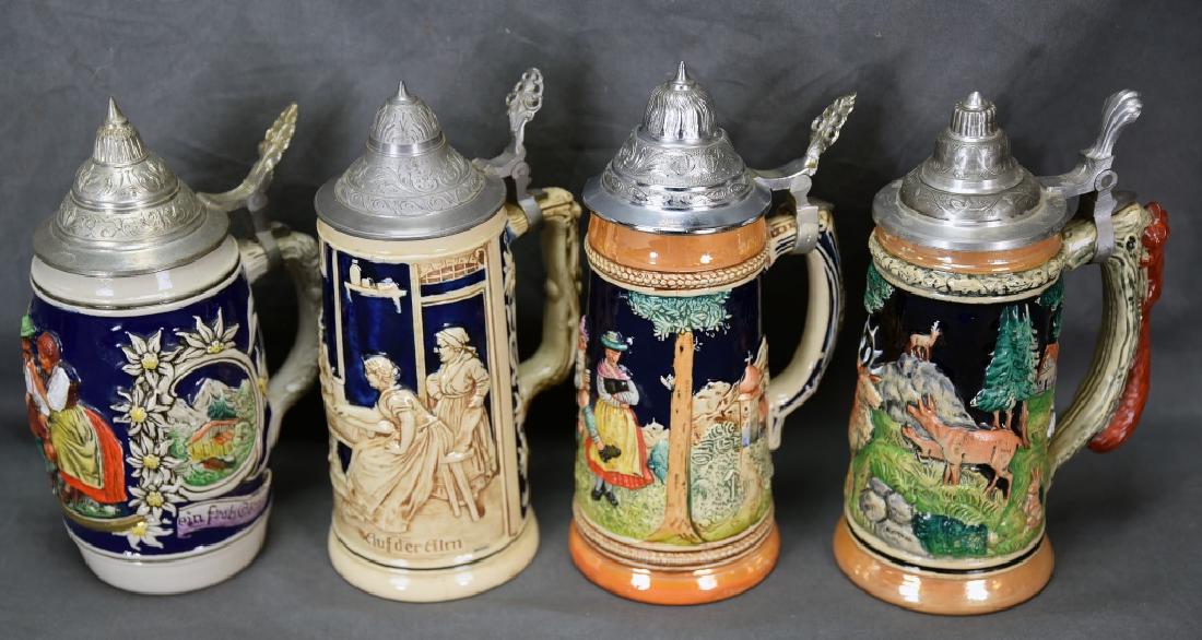 4 Embossed Relief German Steins Hinged Pewter Lids (1 of 16)