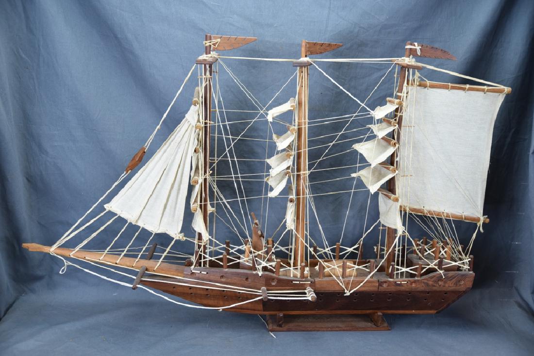 Wooden and Canvas Model Ship: 39" long x 25" tall.