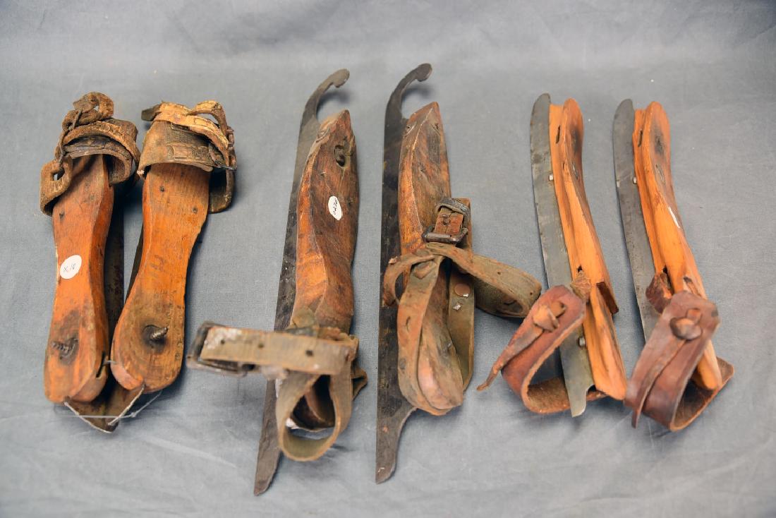 3 Pairs Victorian Wood, Iron Leather Ice Skates (1 of 4)