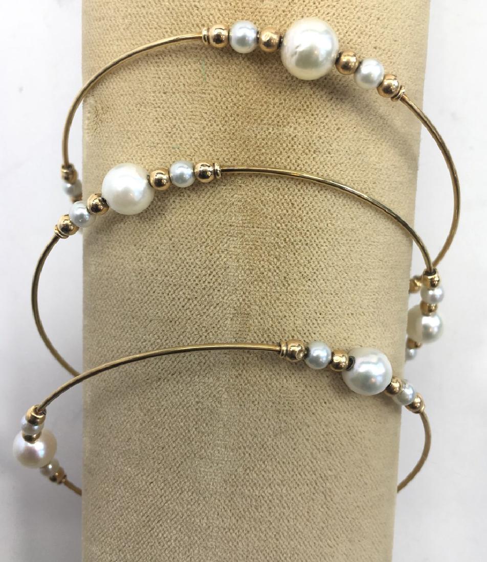 3 Gold and Cultured Pearl Bangle Bracelets: Cultured pearls and gold beads which are unmarked but probably 14K. Condition: There is some denting on the gold beads.