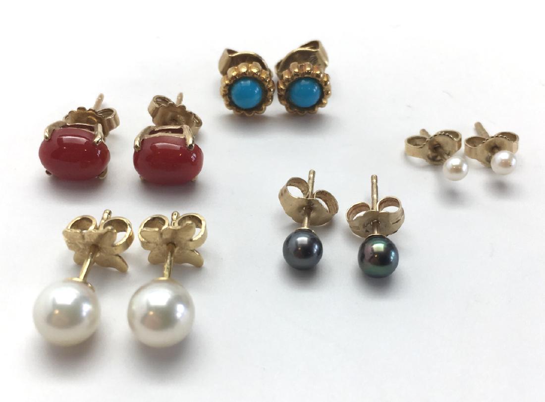 5 Pairs 14K Stud Earrings, Pearls, Carnelian...: Most marked 14K, the large cultured pearls marked Neiman Marcus.