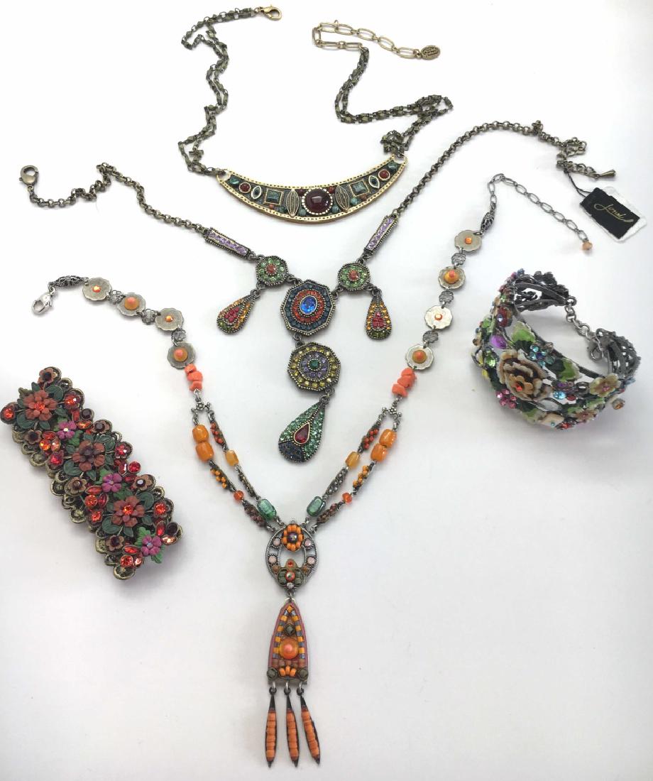 Lot of Ornate Metal and Beadwork Jewelry: Includes three 18" necklaces, a cuff bracelet and an expansion bracelet.