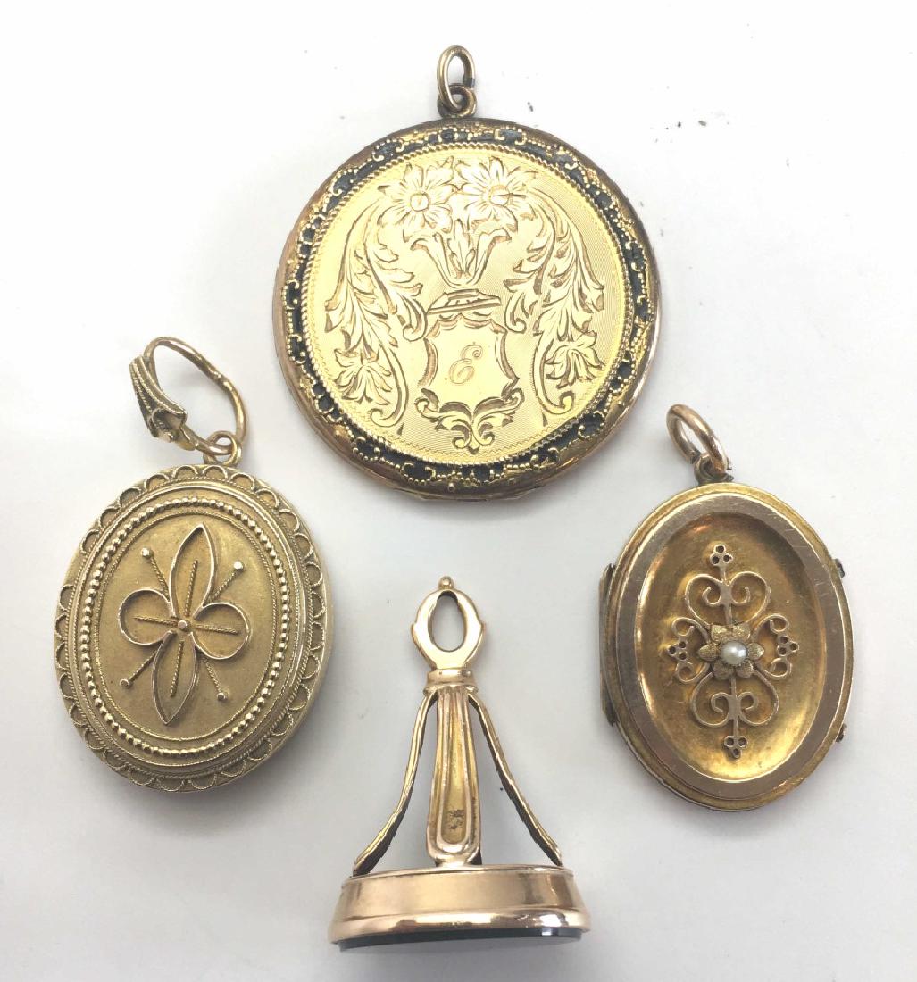 3 Gold Filled Lockets, Watch Fob w/ Blood Stone: The largest locket, the round one, measures 1 1/2" in diameter. The watch fob appears to be gold and is hallmarked with the initials AW following another indecipherable mark. The stone appears to be b