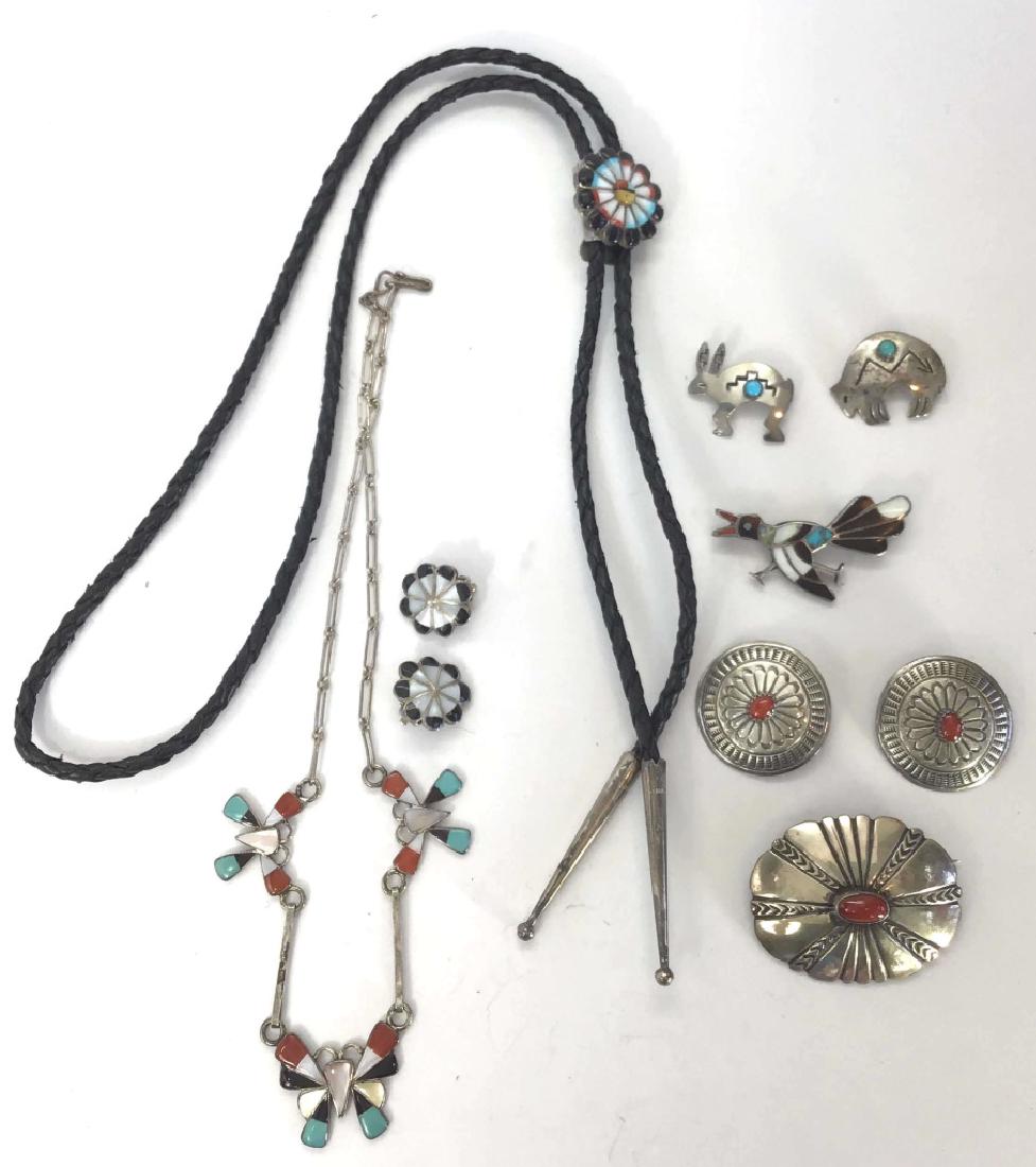 Southwestern Silver, Turquoise and Abalone Jewelry: Includes a bolo, a necklace, 4 brooches and 2 pairs of earrings, some marked sterling.