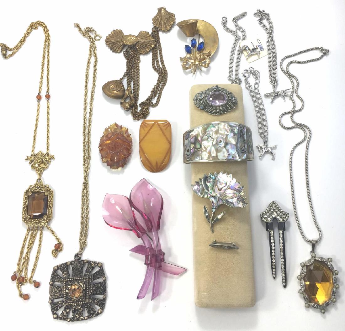 Vintage Jewelry Lot - Bakelite, Acrylic, Sterlingâ€¦: Includes pieces in carved Bakelite, acrylic, celluloid, sterling, abalone and brass.