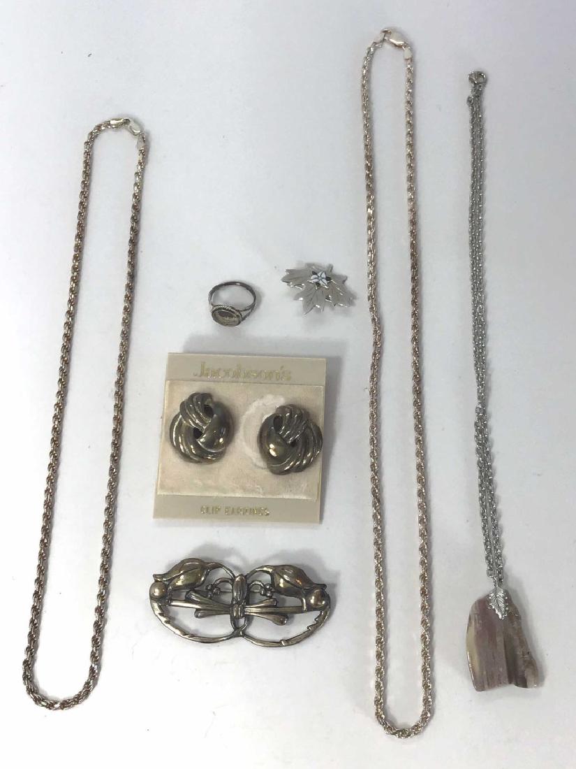 Vintage Silver Jewelry, Some Marked Sterling: Includes 2 chains, a pair of earrings, 2 brooches, a ring setting and an agate pendant.