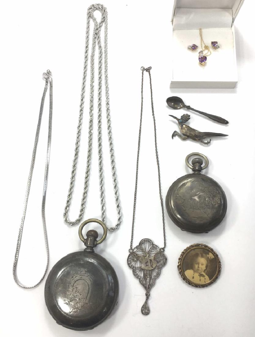 Estate Lot, Antique Pocket Watches, Sterling: Includes Pocket watches from Elgin and William G. Bailey & Co. Untested, as found. 2 Silver chains, a filigree pendant on a chain, a Victorian photo pin, 2 small sterling pins and a small pendant and 