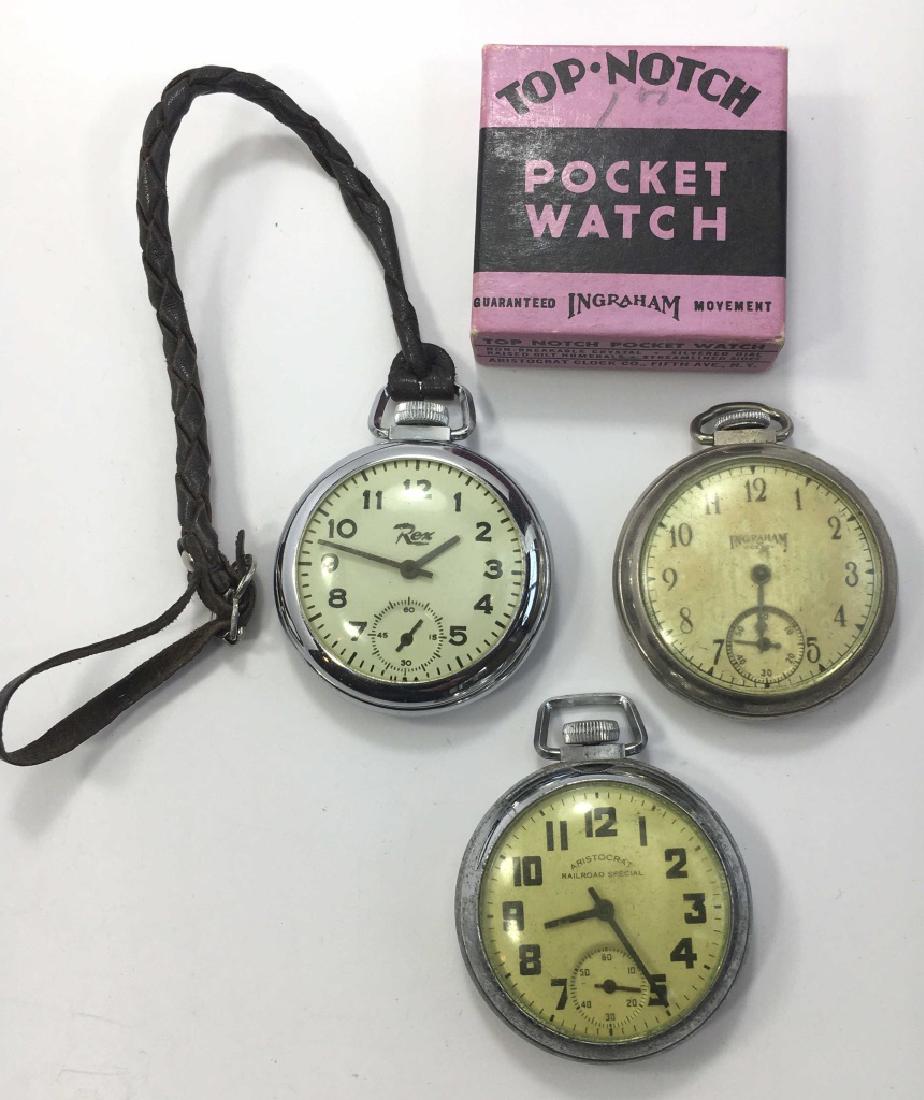3 Vintage Pocket Watches Ingraham Aristocrat, Rex: Ingraham Aristocrat Railroad Special, Ingraham Viceroy and Rex. Untested as found.