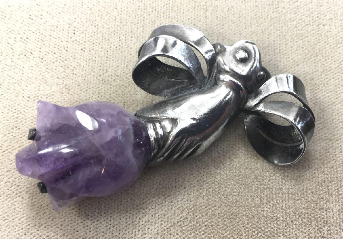 Spratling Silver Hand Brooch, Amethyst Tulip: Made in Mexico by William Spratling, signed.