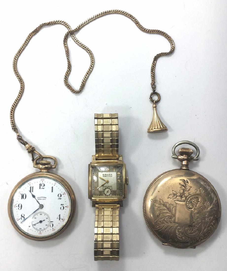 3 Gentlemen's Vintage Watches - Gruen, Elginâ€¦: Includes 2 pocket watches, Elgin and Illinois Special - one with a chain and a Gruen Veri-thin art deco wristwatch. All three untested as found. Also includes a watch chain and fob.