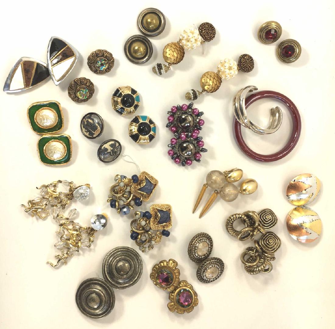 Collection Vintage Statement Earrings - Designer: All clip-on style, includes pieces by Ciner, Yosca and a pair in sterling. Also includes 2 bracelets as shown.