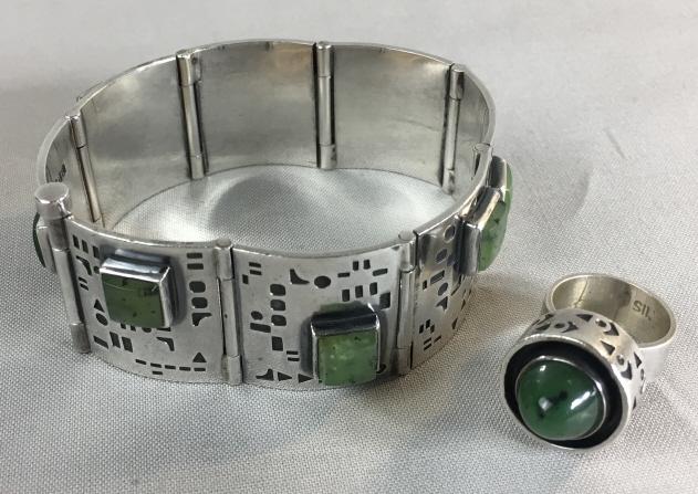 Modernist Sterling Silver, Jade Bracelet & Ring (1 of 3)