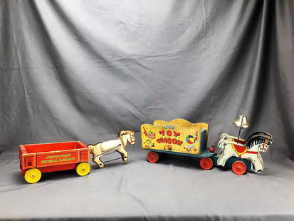 Fisher Price #171 Wagon & #733 Pony Express: Fisher Price lithograph vintage pull toys: The Toy Wagon #171 made in 1942 is very rare, and Fisher Price #733 Pony Express wagon from 1941-1947. Both in very good condition.