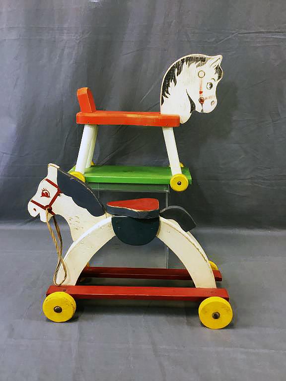 Fisher Price & Toy Kraft Wooden Ride On Toys: 2 Wooden antique painted ride on toys one (top) by Fisher Price from 1940 and is #254 but is not numbered on the piece and is hard to find. The other by The Toy Kraft Studios.