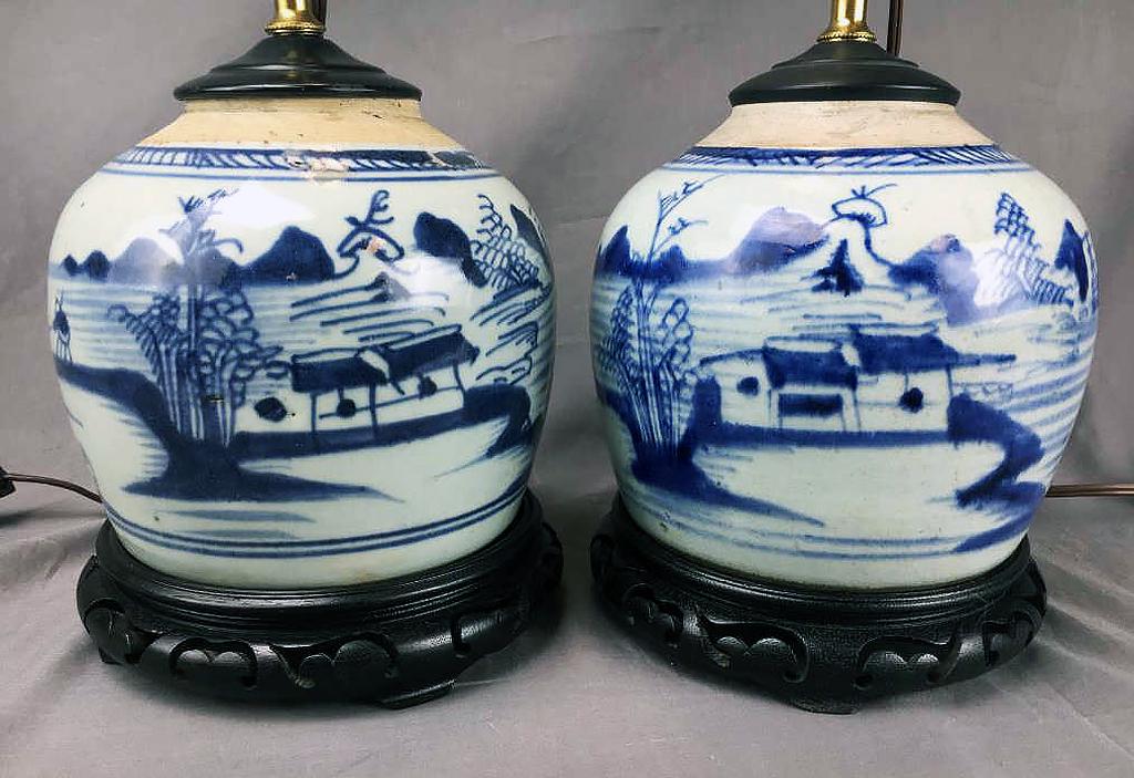 Pair Antique Blue/White Canton Ginger Jar Lamps (1 of 3)