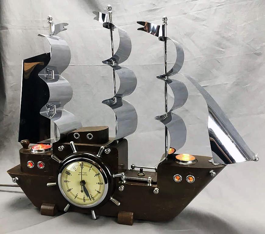 United Art Deco Chrome and Wood Ship Mantle Clock (1 of 3)