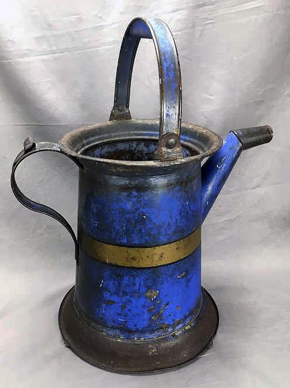 Antique Tin Tole Watering Can, Original Paint: Brilliant blue original paint with a gilt stripe. Rust and patina as shown. Measures approximately 17" tall including the handle.