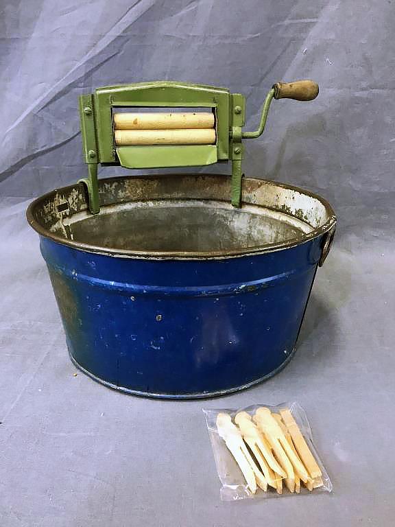 Antique Tin Wringer Tub Washing Machine Toy: Vintage tin tub wringer washing machine toy and toy wooden clothes pins.