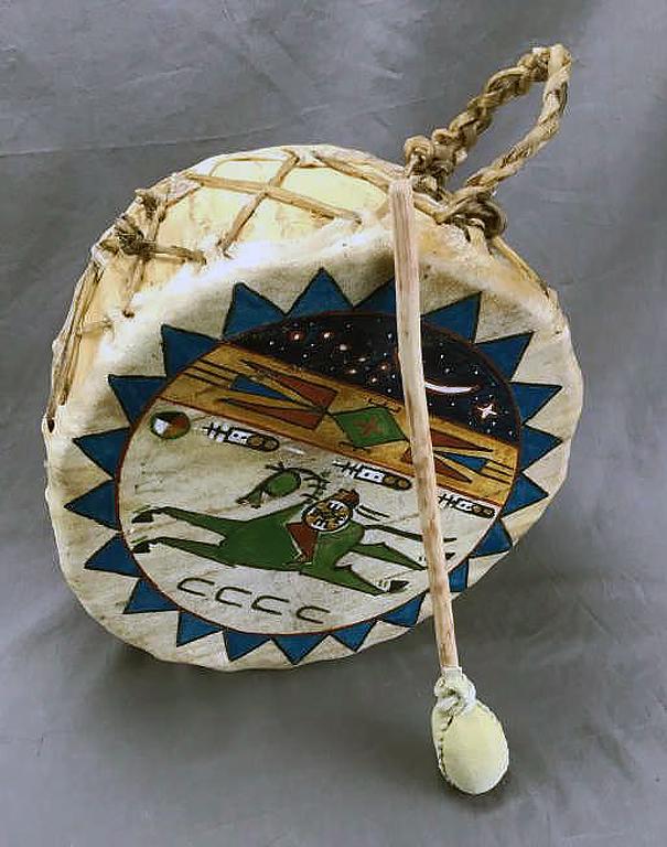 Native American Painted Drum: Measures approximately 12" in diameter.